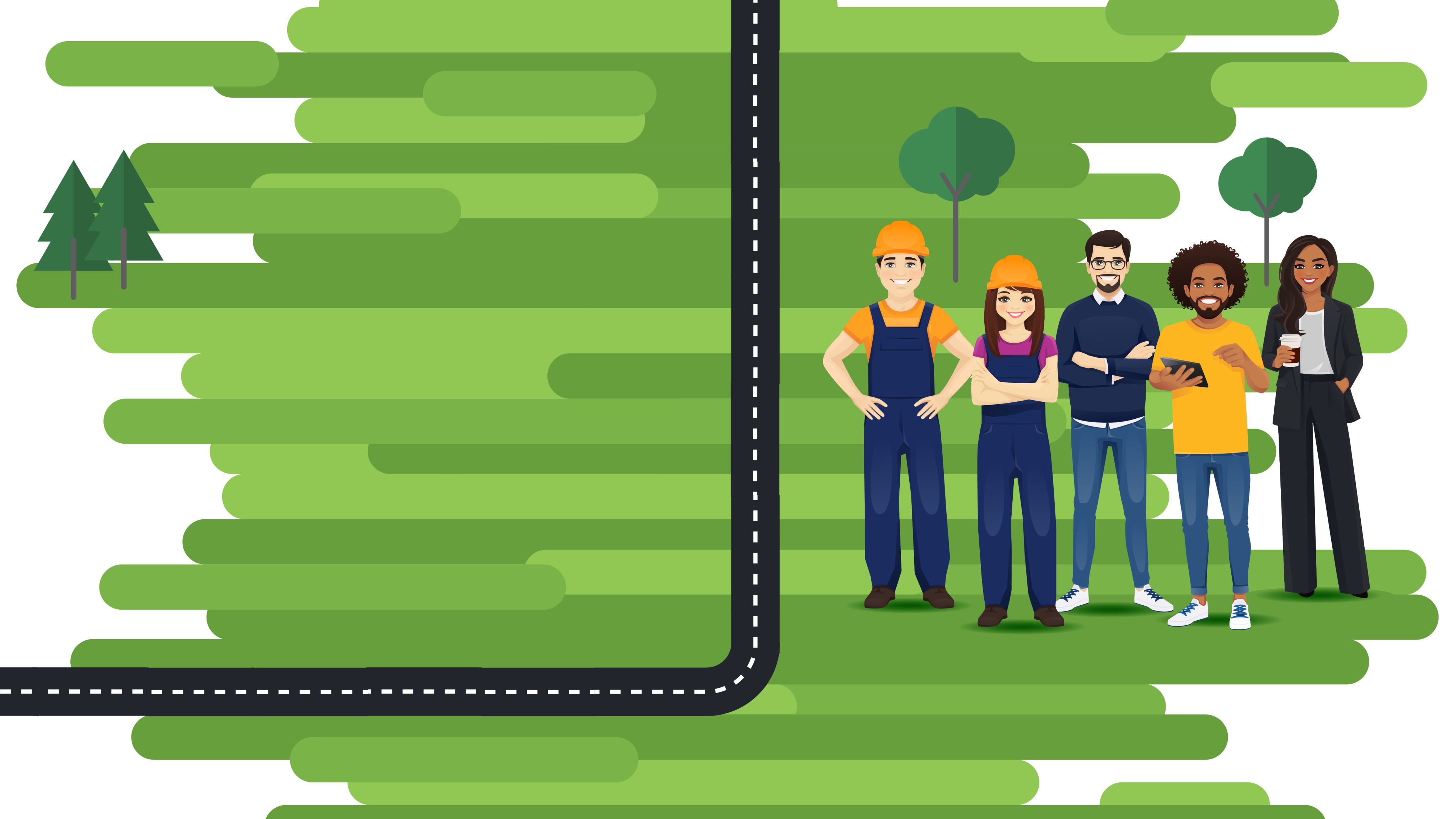 Two students and three coworkers standing on green grass.