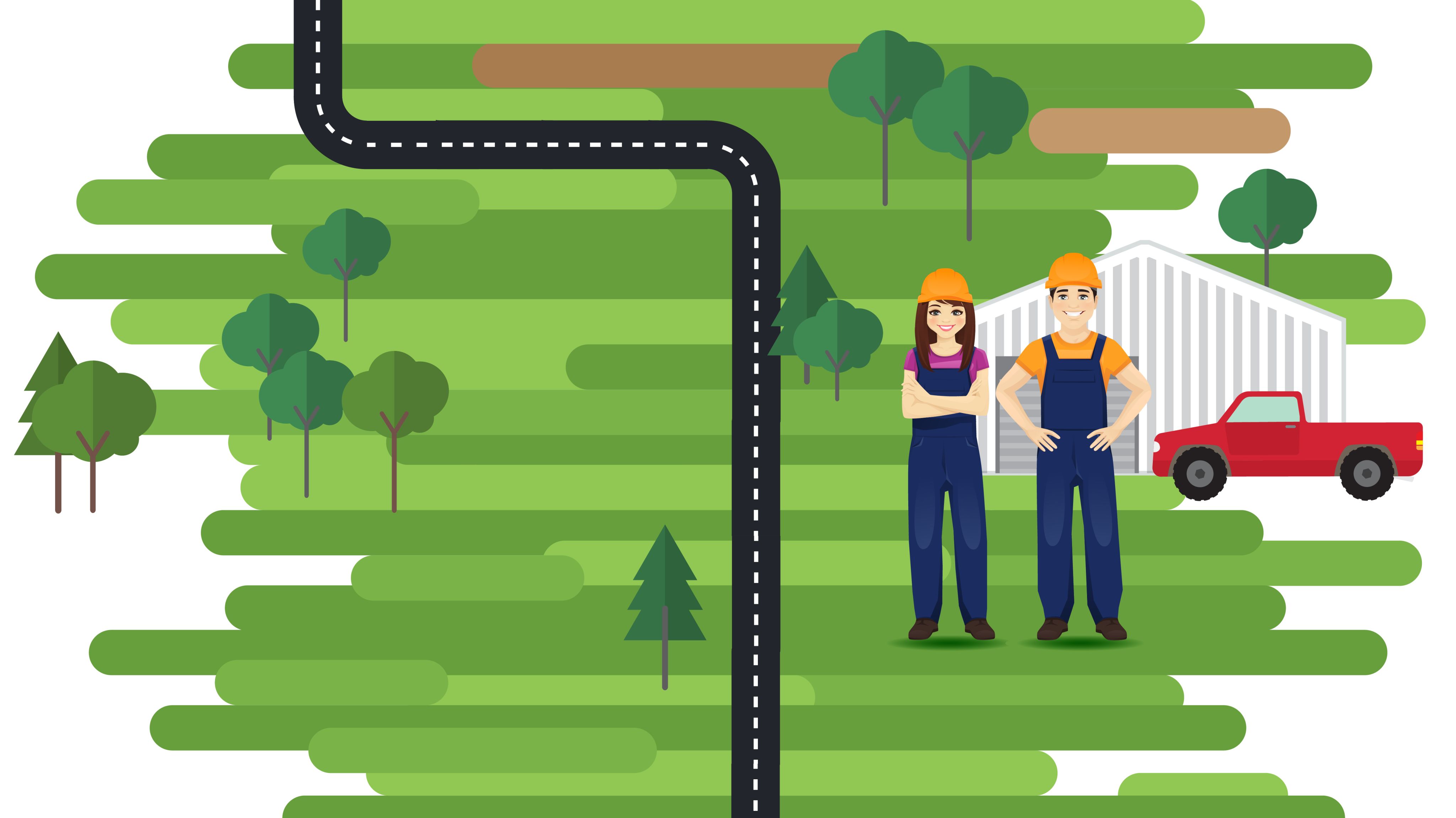 Male and female manufacturing workers standing in front of outbuilding.
