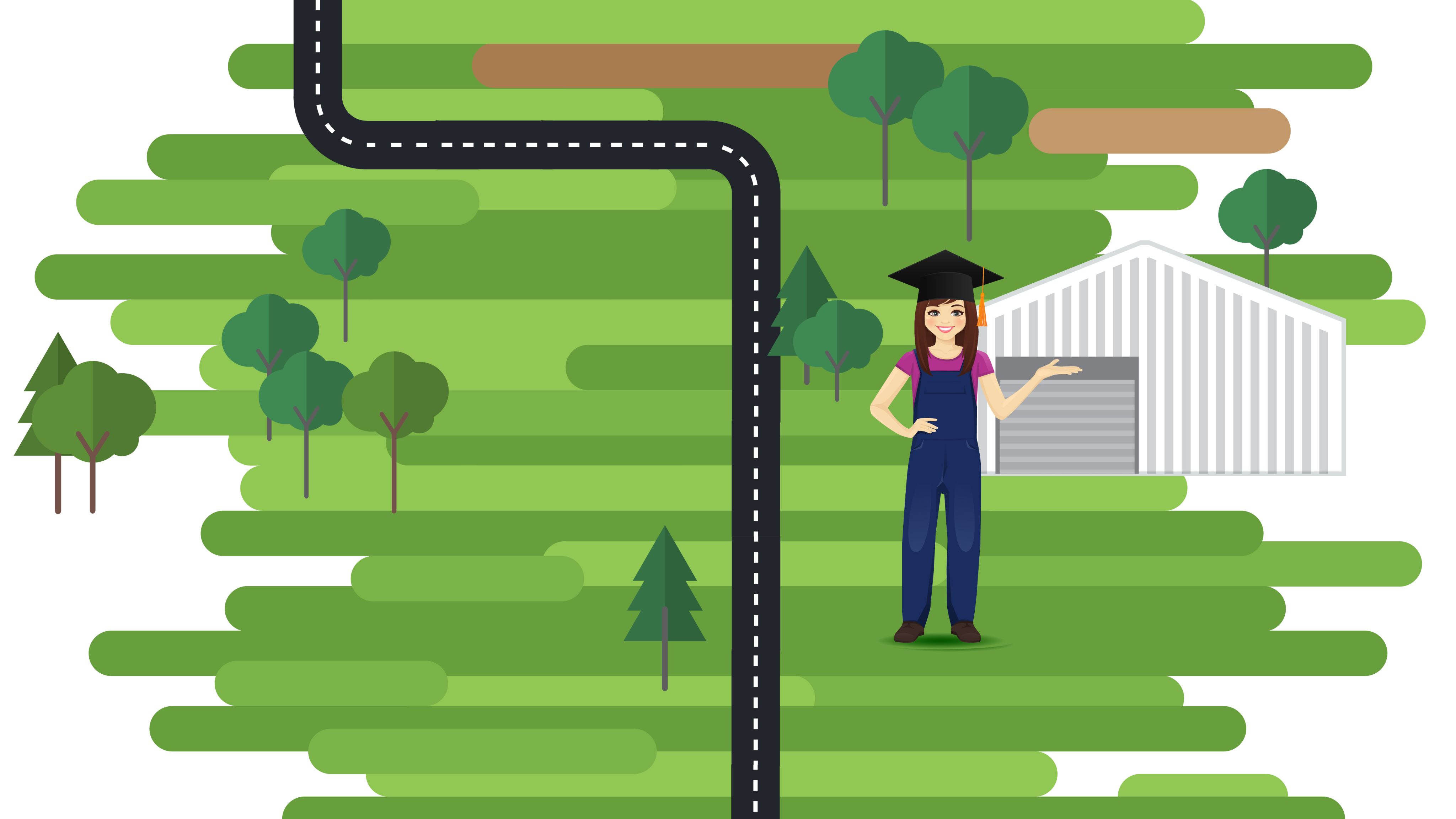 Female college graduate standing in front of outbuilding.