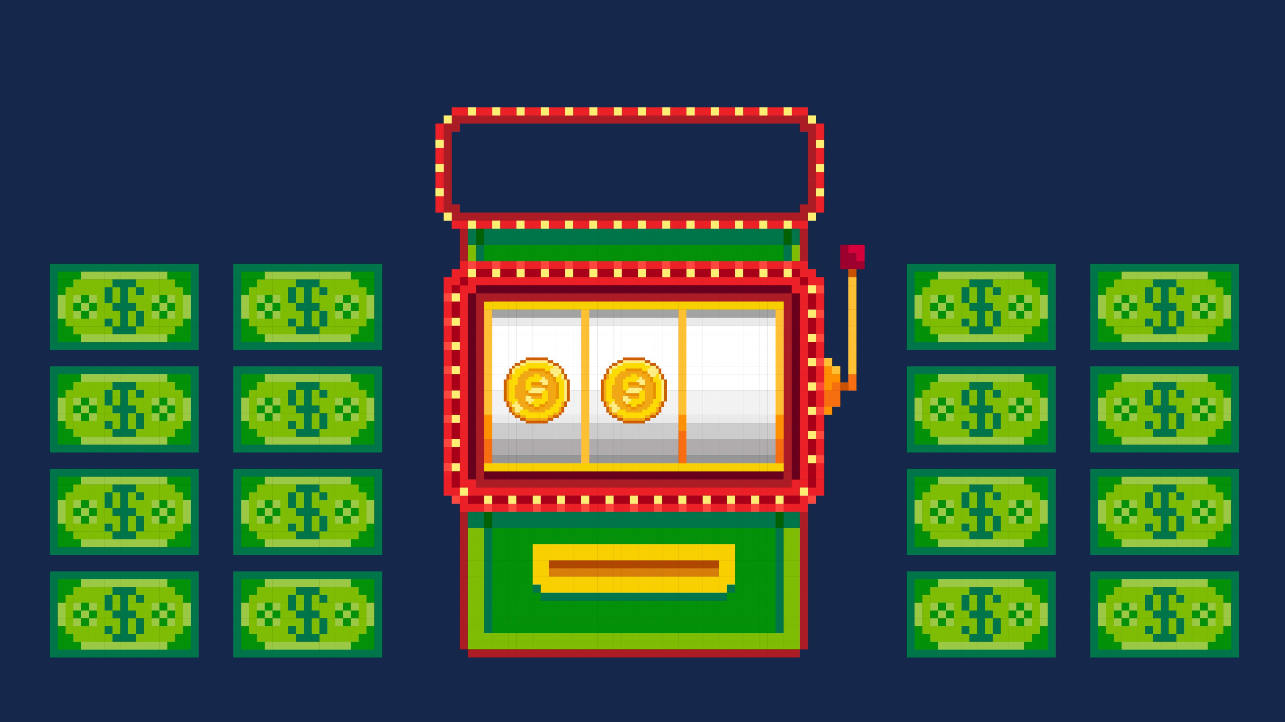 Slot machine surrounded by money