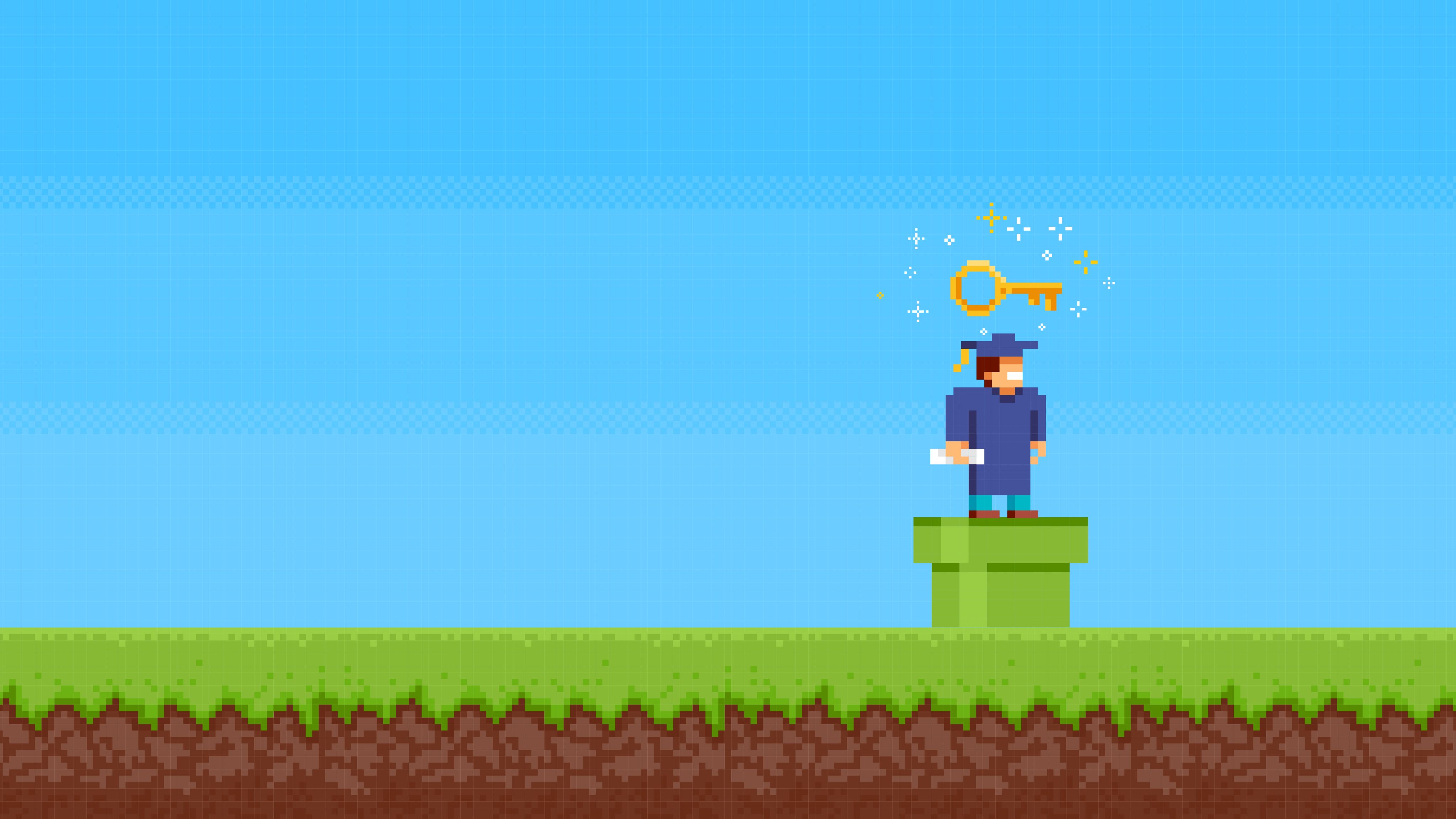 Graduate with diploma and key above his head on grass with sky background