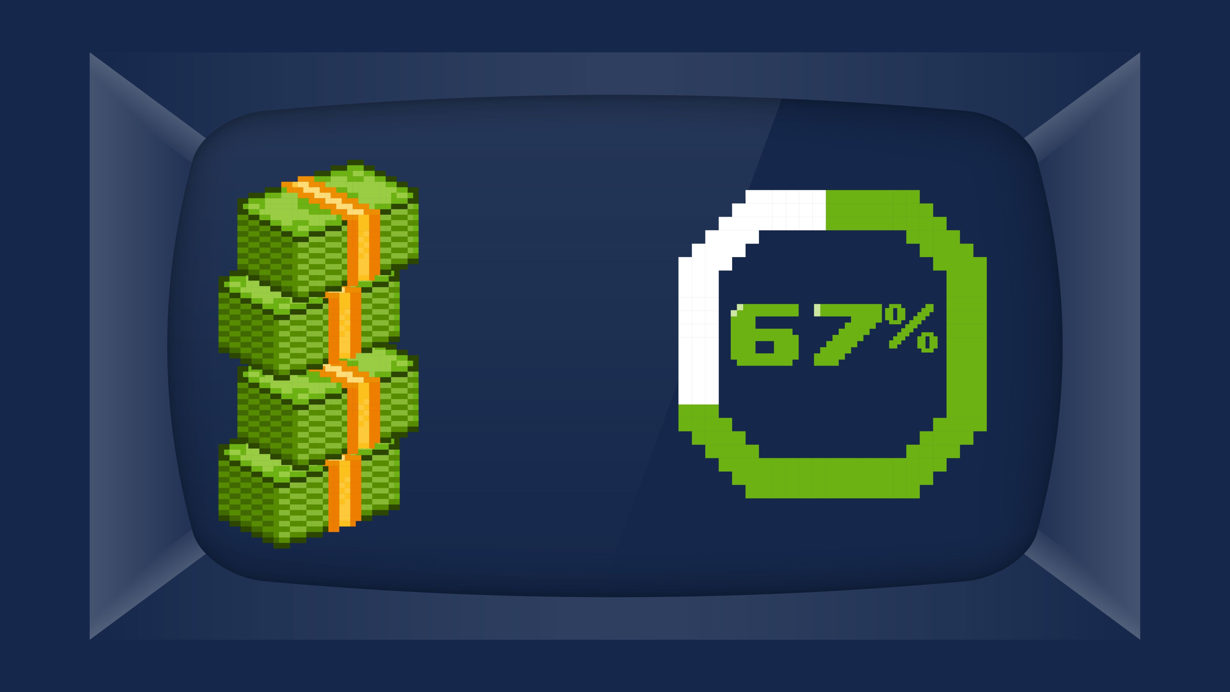 Video screen with stacks of money and 67% donut chart