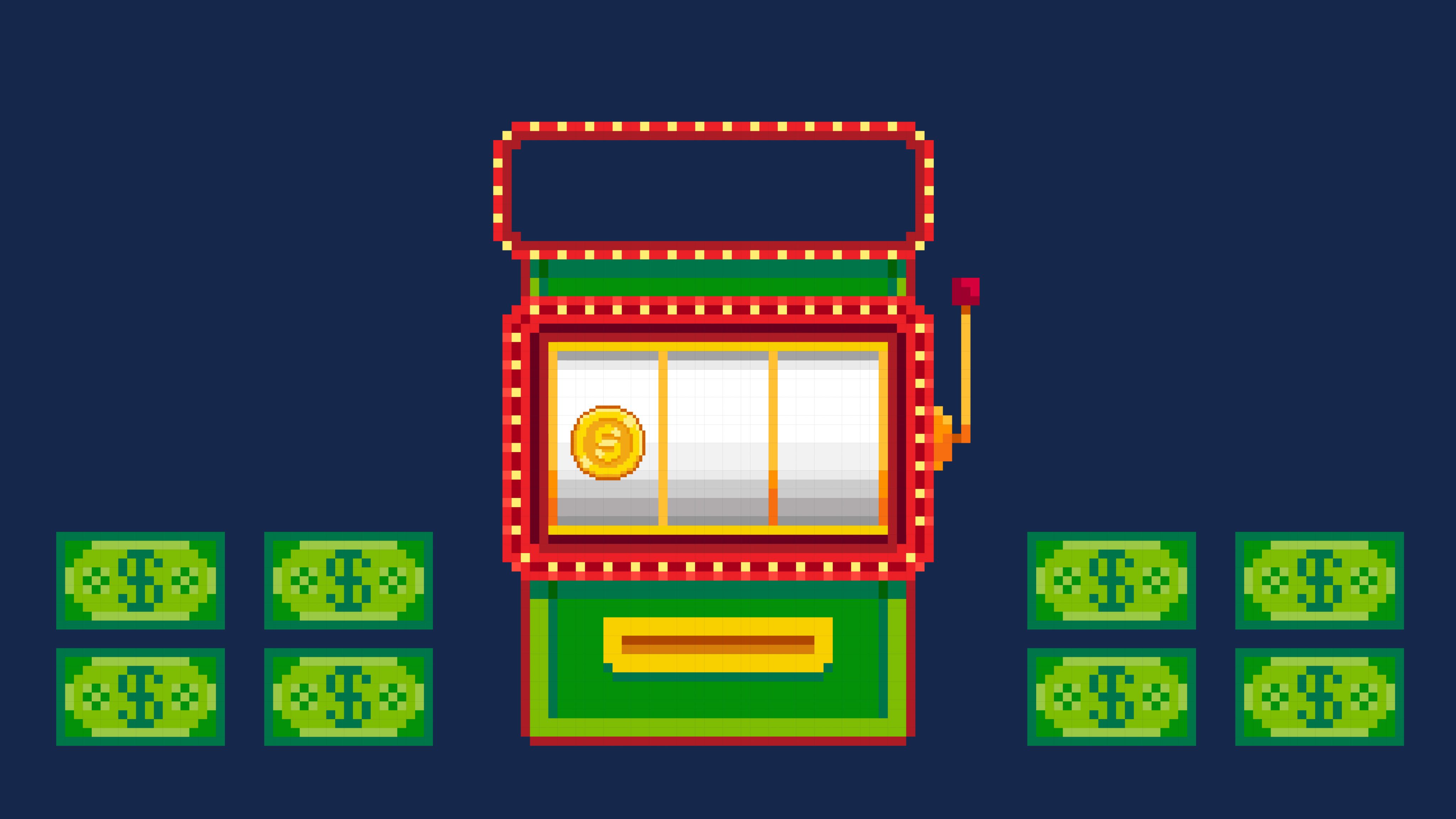 Slot machine surrounded by money