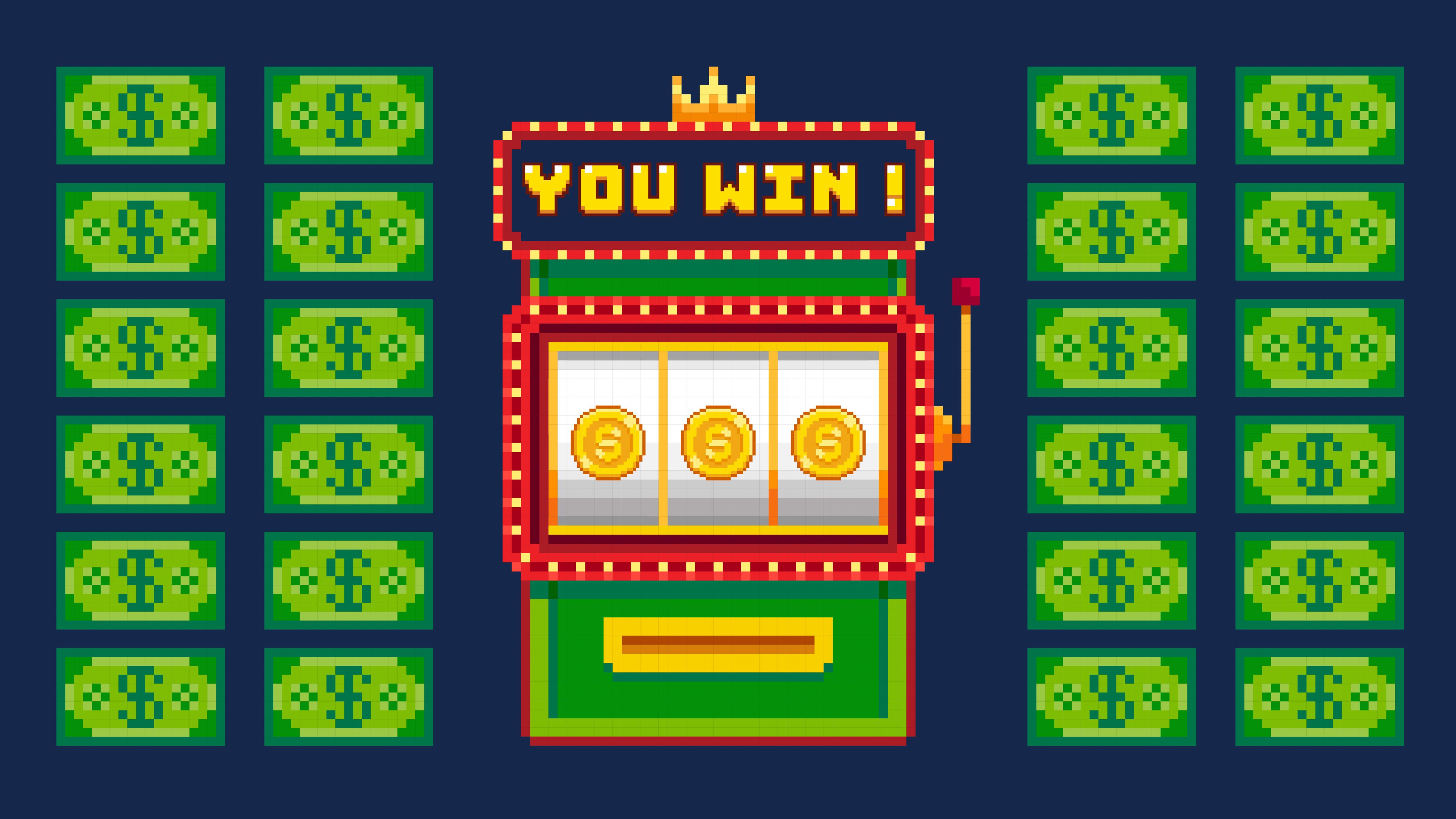 Slot machine surrounded by money