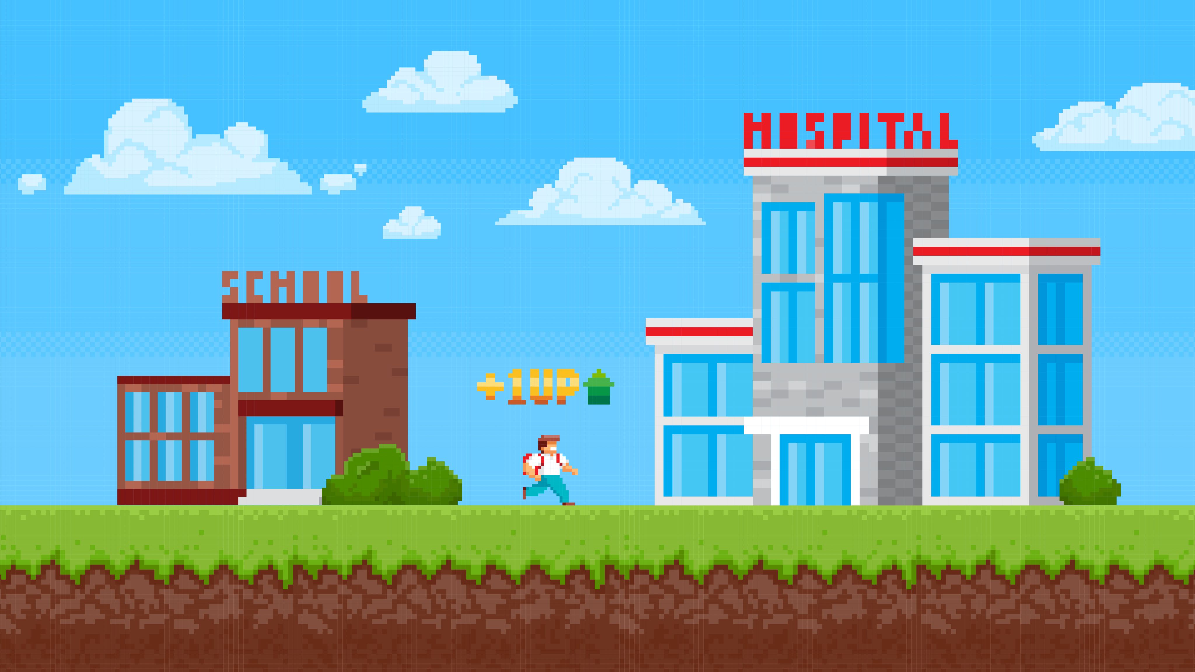 Man running between school building and hospital